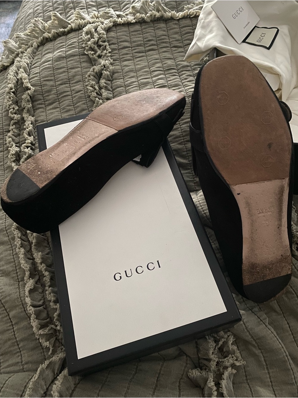 Gucci Black Velvet Fringe Loafers with Gold Double G - Picture 2 of 6